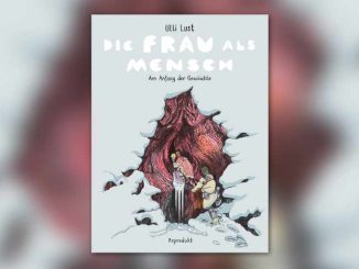 Cover illustration von dem Comic Die Frau als Mensch von Ullist Lust. Menschen klettern in eine Baumhöhle, die aussieht wie eine Vulva.